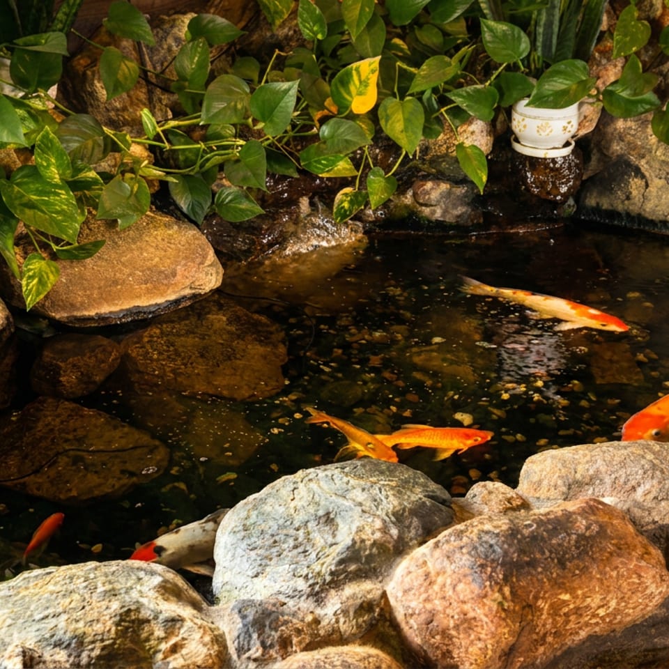 Koi fish swimming in a rocky pond with lush green plants and a small waterfall.