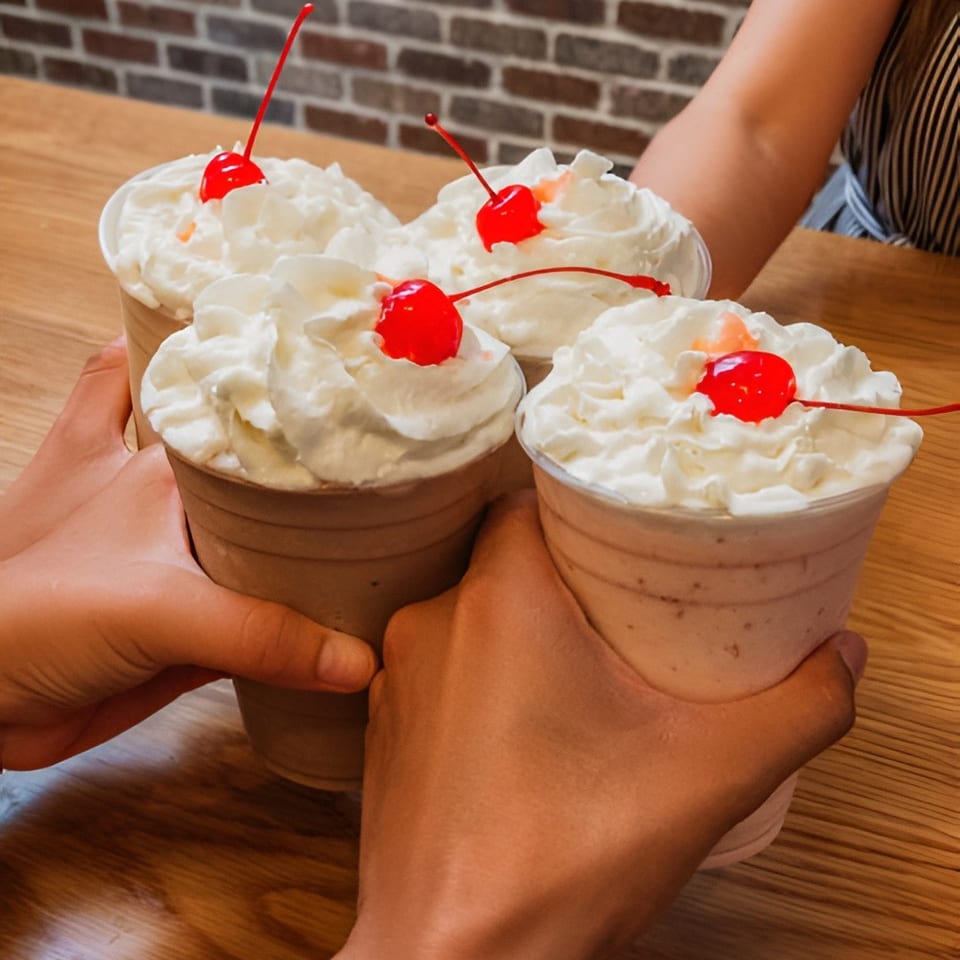 Four hands holding milkshakes topped with whipped cream and a cherry against a brick wall.