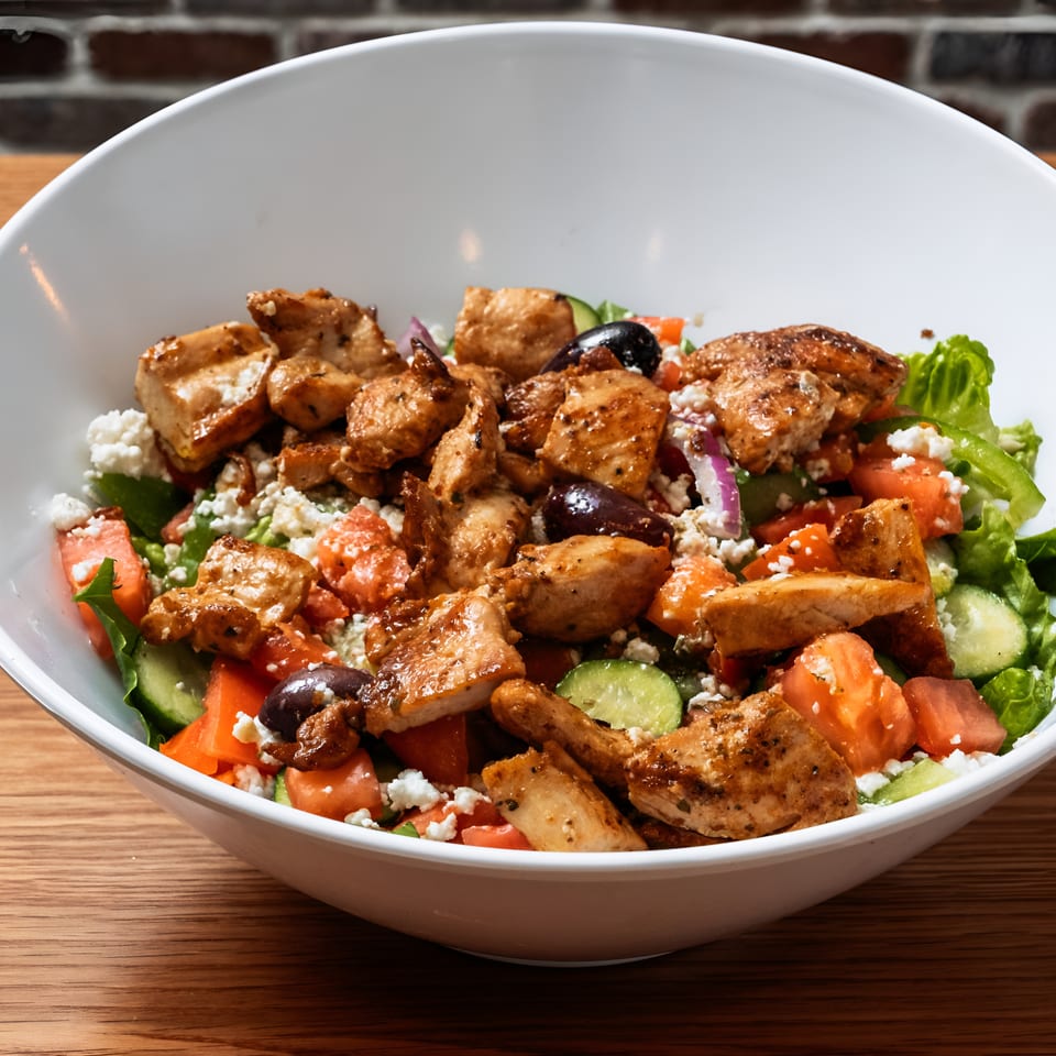 A vibrant Greek salad with grilled chicken, feta, olives, tomatoes, and cucumbers in a white bowl.