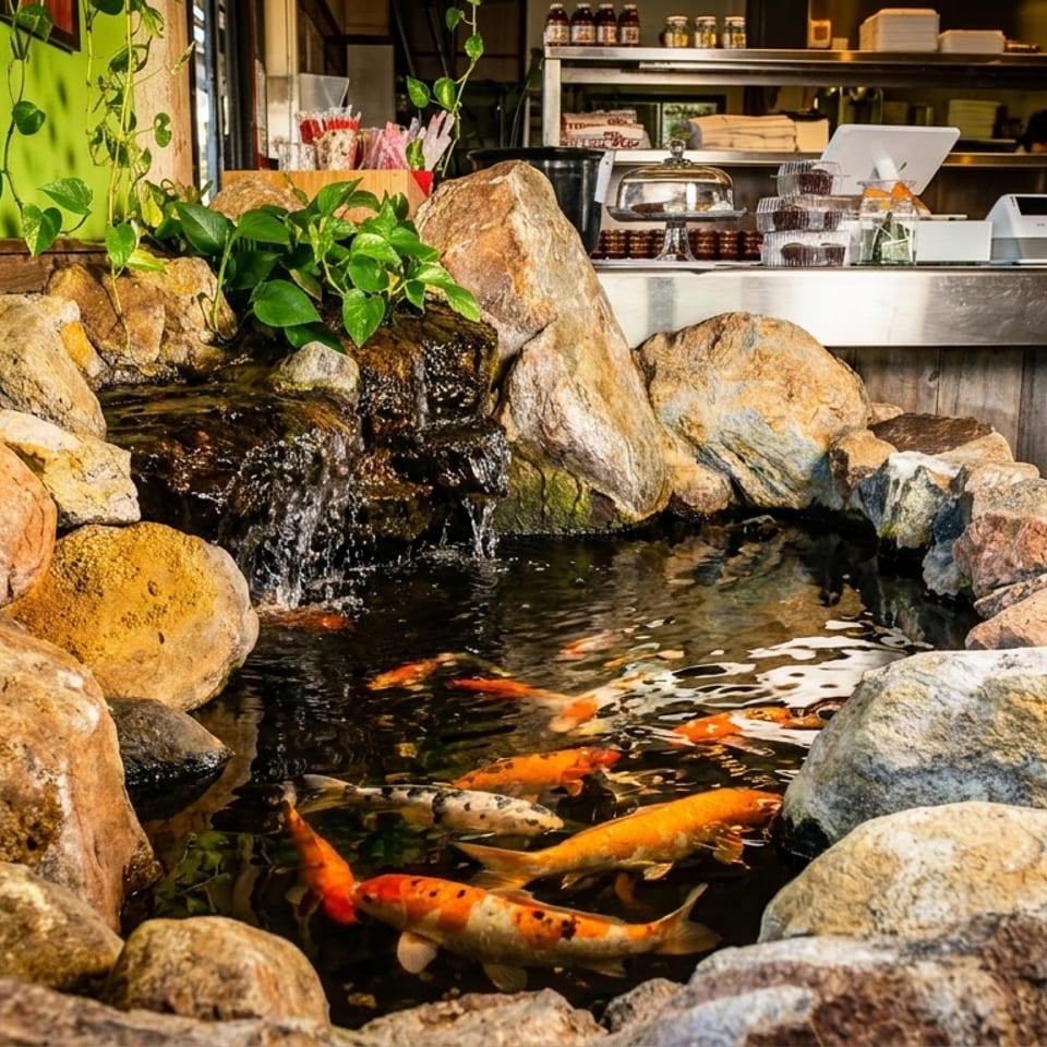 Indoor koi pond with a small waterfall, surrounded by rocks and green plants, inside a restaurant.